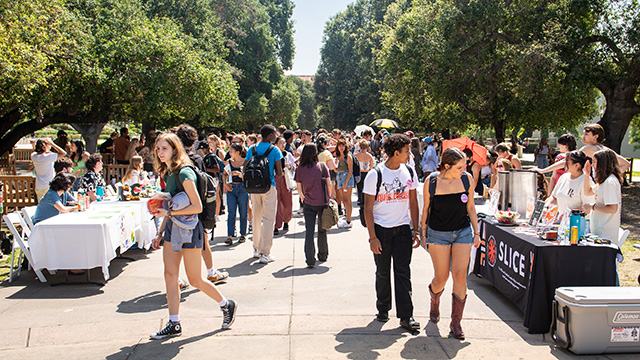 Students explore a club fair at Occidental College.