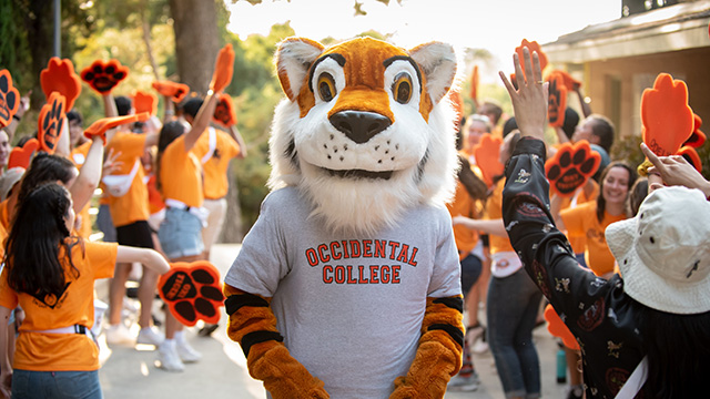 Mascot Oswald enjoys a party on the Occidental College campus in Los Angeles.