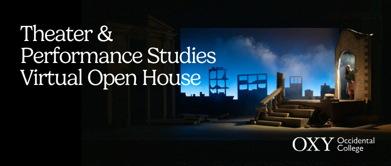 Theatre Performance Studies Virtual Open House logo, performance stage with ruins and a character peaking out of the foggy background