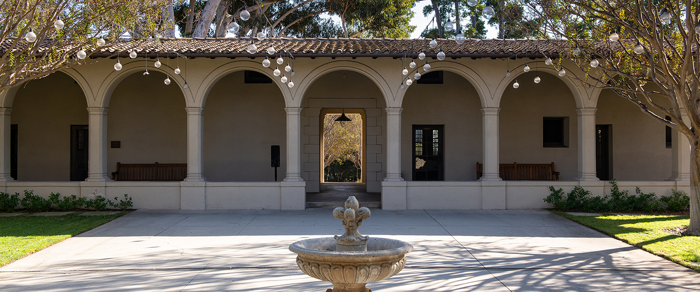 The courtyard of the Booth Music and Speech Center at Occidental College