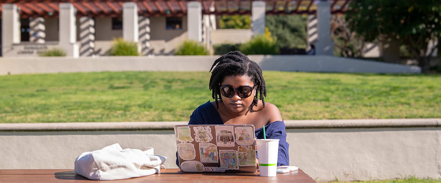 Ann Occidental student works on a laptop outside the Tiger Cooler